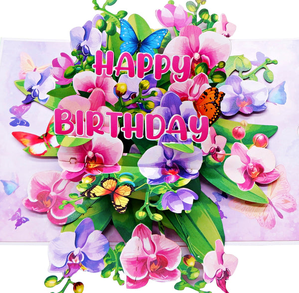 Happy Birthday Pop Up Card, Colorful Flowers and Butterflies, Beautiful, Elegant, Floral 3D Greeting Card