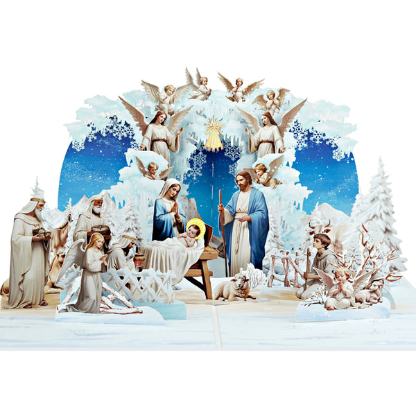 Nativity Scene Winter Pop Up Card – 3D Christian Christmas Card